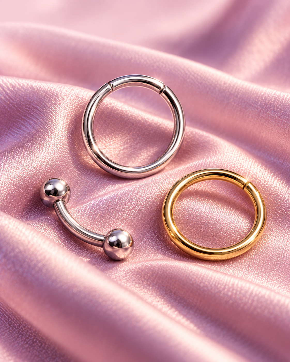 Deux anneaux et un piercing courbé sur un satin rose — collection Prix doux